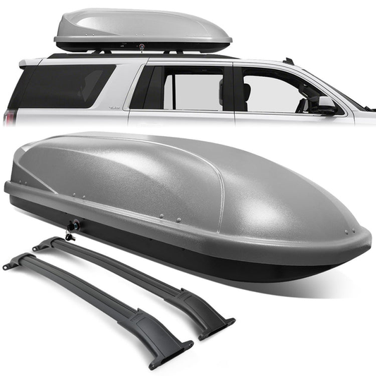 PORTAEQUIPAJE ROOF RACK CROSS BARS + CARGO ROOF BOX - 15-18 CADILLAC ESCALADE, CADILLAC ESCALADE ESV, CHEVY SUBURBAN, CHEVY TAHOE, GMC YUKON, GMC YUKON XL - MOUNTS ONTO OEM ROOF RAILS ONLY - GRAY