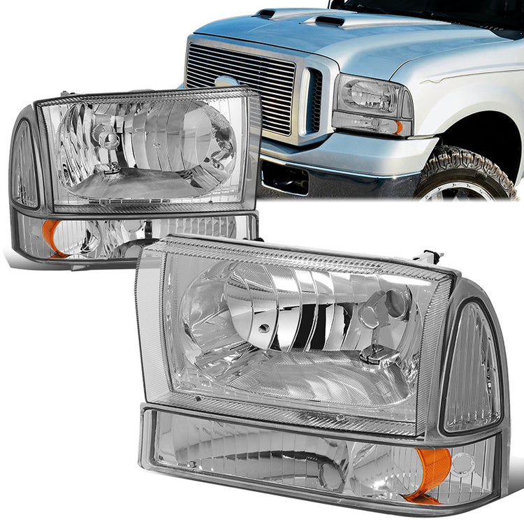 FAROS 99-04 FORD SUPER DUTY F-250, F-350, F-450, F-550 2/4-DR - 4PC - 9007 LOW BEAM / HIGH BEAM / 3157A TURN SIGNAL - CHROME HOUSING / AMBER CORNER