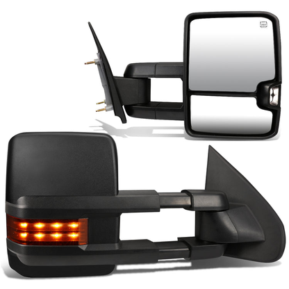 RETROVISORES EXTENDIBLES TOWING MIRROR - 03-06 CHEVY SILVERADO, GMC SIERRA, CHEVY TAHOE, CHEVY SUBURBAN, GMC YUKON, CADILLAC ESCALADE, CHEVY AVALANCHE / 2007 CHEVY SILVERADO CLASSIC, GMC SIERRA CLASSIC - PAIR - POWERED W/ HEATED - BLACK - LED AMBER SIGNAL