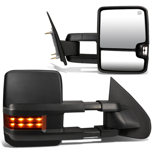 RETROVISORES EXTENDIBLES TOWING MIRROR - 03-06 CHEVY SILVERADO, GMC SIERRA, CHEVY TAHOE, CHEVY SUBURBAN, GMC YUKON, CADILLAC ESCALADE, CHEVY AVALANCHE / 2007 CHEVY SILVERADO CLASSIC, GMC SIERRA CLASSIC - PAIR - POWERED W/ HEATED - BLACK - LED AMBER SIGNAL