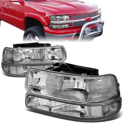 FAROS 99-02 CHEVY SILVERADO 1500 , 2500 / 00-06 CHEVY SUBURBAN 1500 , 2500 , TAHOE / 01-02 CHEVY SILVERADO 1500 HD , 2500 HD , 3500 HD 2/4-DOOR - 4PC - CHROME HOUSING / CLEAR CORNER - 9006 LOW BEAM / HIGH BEAM