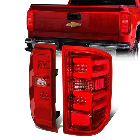FAROS TRASEROS 14-19 CHEVY SILVERADO 1500 - 15-19 SILVERADO 2500HD 3500HD - 15-19 GMC SIERRA 3500HD DUAL REAR WHEELS - HALOGEN TAIL LIGHT MODELS ONLY - C-BAR - DUAL RED 3D STRIPS - LED - CHROME / RED