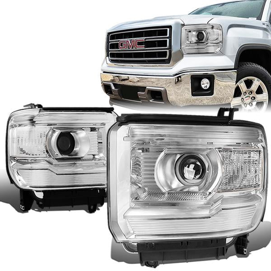 FAROS 14-15 GMC SIERRA 1500 / 15-17 GMC SIERRA 2500HD, 3500HD - FITS HALOGEN HEADLIGHT MODELS ONLY - PROJECTOR - H7 LOW BEAM / HIGH BEAM - CHROME HOUSING / CLEAR CORNER