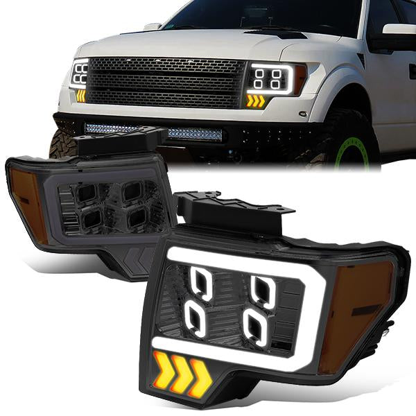 FAROS 09-14 FORD F-150 - ONLY FITS MODELS WITH HALOGEN HEADLIGHTS WITHOUT PROJECTOR - DAYTIME RUNNING LIGHT BAR REQUIRES WIRING INTO EXISITING LIGHTING HARNESS - QUAD LED DRL HALO RING - PROJECTOR HIGH / LOW BEAM - SMOKE HOUSING / AMBER CORNER