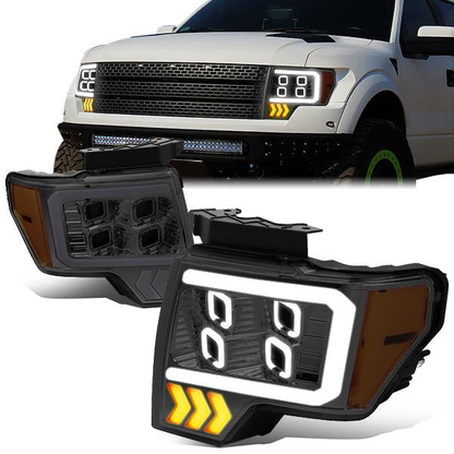 FAROS 09-14 FORD F-150 - ONLY FITS MODELS WITH HALOGEN HEADLIGHTS WITHOUT PROJECTOR - DAYTIME RUNNING LIGHT BAR REQUIRES WIRING INTO EXISITING LIGHTING HARNESS - QUAD LED DRL HALO RING - PROJECTOR HIGH / LOW BEAM - SMOKE HOUSING / AMBER CORNER