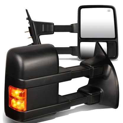 RETROVISORES EXTENDIBLES TOWING MIRROR - 08-16 FORD F-250, F-350, F-450, F-550 - SUPER DUTY - PAIR - POWERED W/ HEATED - LED AMBER SIGNAL - BLACK