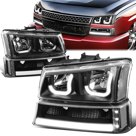 FAROS 03-06 CHEVY SILVERADO 1500, 2500, 3500, 1500HD, 2500HD, AVALANCHE 1500, AVALANCHE 2500 / 2007 CHEVY SILVERADO 1500, 1500HD, 2500HD, 3500 CLASSIC - FITS MODELS WITHOUT FACTORY CLADDING ONLY - J-HALO - LED DRL - 4PC - BLACK HOUSING / CLEAR CORNER