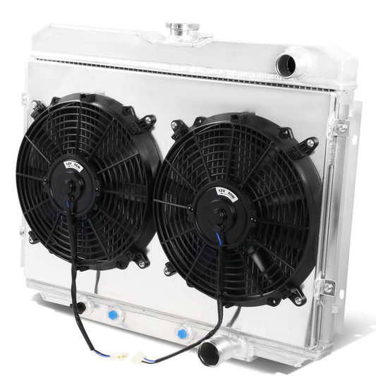 RADIADOR DE ALUMINIO RADIATOR + FAN SHROUD - 3 ROWS - 1969 MERCURY COUGAR 5.0L, 5.8L, FORD RANCHERO 5.0L, 5.8L / 67-70 FORD MUSTANG 4.7L, 5.0L, 5.8L, FORD FAIRLANE 4.7L, 5.0L, 5.8L - FITS MODELS WITH PASSENGER SIDE OUTLETS ONLY - BLACK FANS