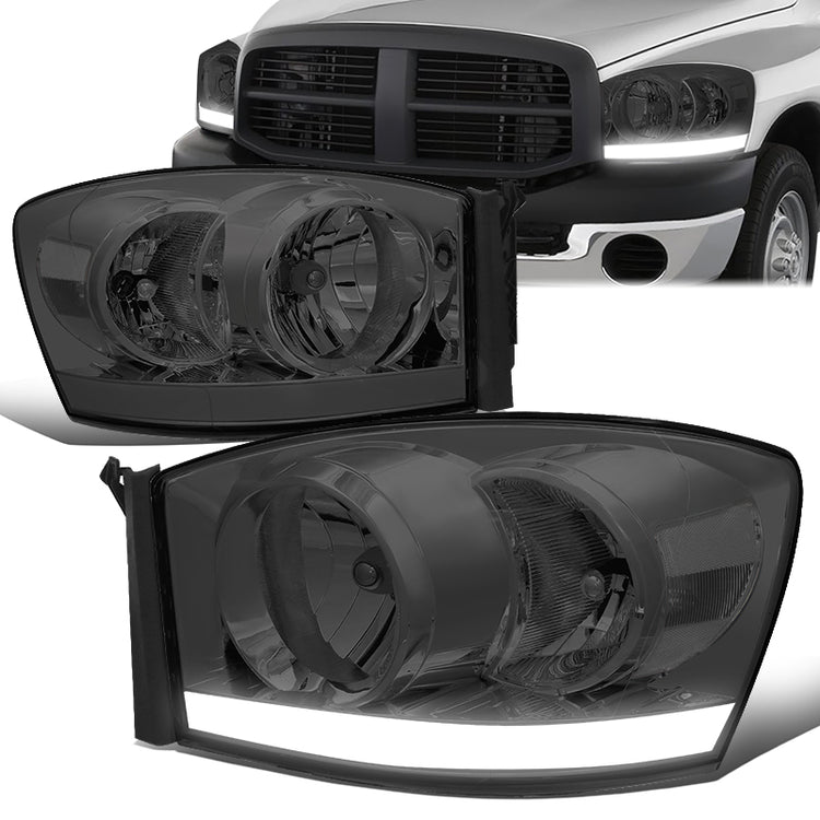 FAROS 06-08 DODGE RAM 1500 / 06-09 RAM 2500 , 3500 2/4-DOOR - FOR 2009 , FIT OLD BODY STYLE ONLY - DOES NOT FIT NEW BODY STYLE MODELS - STOCK HEADLIGHTS WITHOUT AMBER BAR - LED DRL - SMOKE HOUSING / CLEAR CORNER - H13 LOW BEAM / HIGH BEAM