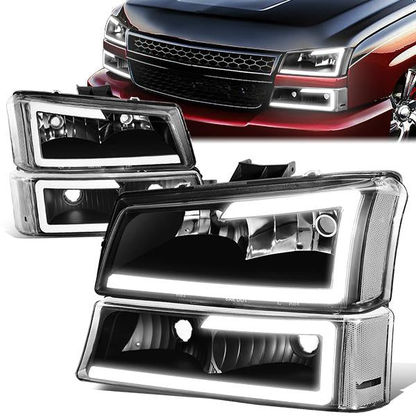 FAROS 03-06 CHEVY SILVERADO 1500, 2500, 3500 / 2007 CHEVY SILVERADO 1500, 2500, 3500 / 03-06 CHEVY AVALANCHE - FITS MODELS WITHOUT BODY CLADDING ONLY - FITS MODELS WITH HALOGEN HEADLIGHTS ONLY - LED DRL - 4PC - BLACK HOUSING / CLEAR CORNER