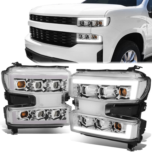 FAROS 19-21 CHEVY SILVERADO 1500 WT/CUSTOM/TRAIL BOSS ONLY / 22 SILVERADO 1500 LTD - LED DRL - QUAD PROJECTOR - CHROME HOUSING / CLEAR CORNER - H1 HIGH / H1 LOW / 7444 SIGNAL - DOES NOT FIT FACTORY LED MODELS