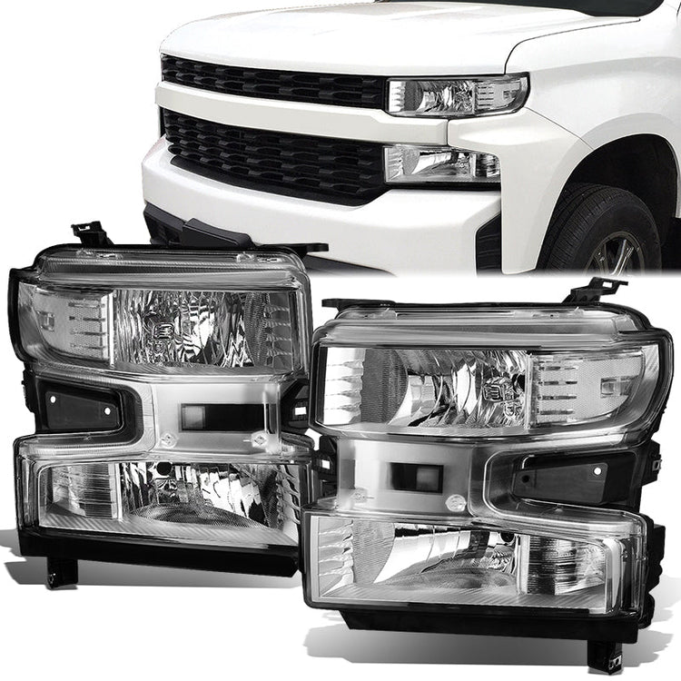 FAROS 19-21 CHEVROLET SILVERADO 1500 - FITS WT/CUSTOM/CUSTOM TRAIL BOSS MODEL ONLY - EXCLUDES LED HEADLIGHT MODELS - ONLY FITS MODELS WITH FACTORY HALOGEN HEADLIGHTS - OE STYLE - CHROME HOUSING / CLEAR CORNER - H11 LOW BEAM / 9005 HIGH BEAM