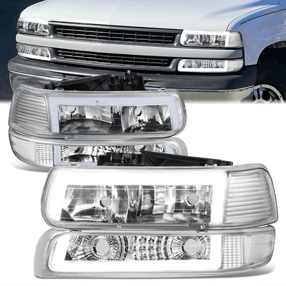 FAROS 99-02 CHEVY SILVERADO 1500, 2500 / 01-02 SILVERADO 1500HD, 2500HD, 3500 / 00-06 CHEVY SUBURBAN 1500, 2500, CHEVY TAHOE - REQUIRES WIRING TO EXISTING VEHICLE WIRING HARNESS - LED DRL - DUAL C-BAR - 4PC - CHROME HOUSING / CLEAR CORNER