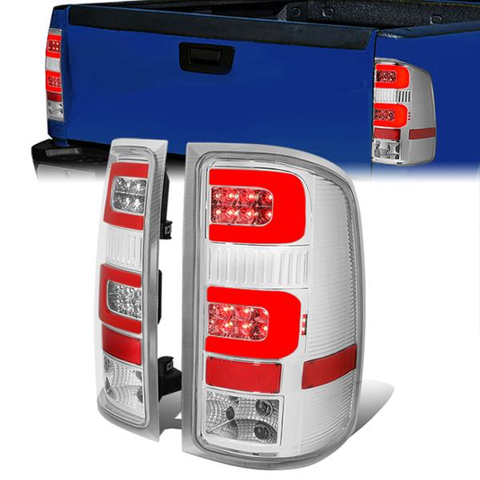FAROS TRASEROS 07-13 GMC SIERRA 1500 - 07-14 GMC SIERRA 2500HD 3500HD - DOES NOT FIT DUALLY MODELS, DOES NOT FIT DENALI MODELS, DOES NOT FIT MODELS WITH 921 BACKUP BULB MODELS - 3D - RED LED - CHROME / CLEAR