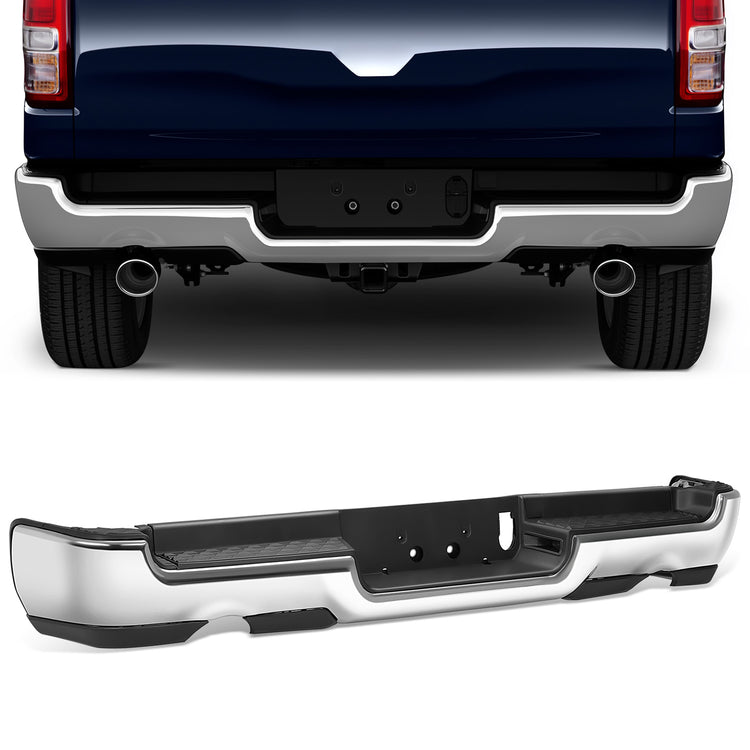 BURRERA TRASERA RAM 1500 2019-2024 - FITS MODELS WITH DUAL EXHAUST - W/O PARKING SENSORS - EXCLUDES REBEL & TRX MODELS - CHROME/STEEL
