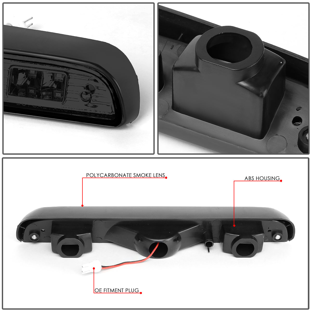 LUZ DE FRENO 92-96 FORD F-150, BRONCO / 92-97 F-250, F-350 - FITS MODELS WITHOUT REAR CARGO LIGHT - LED - SMOKE