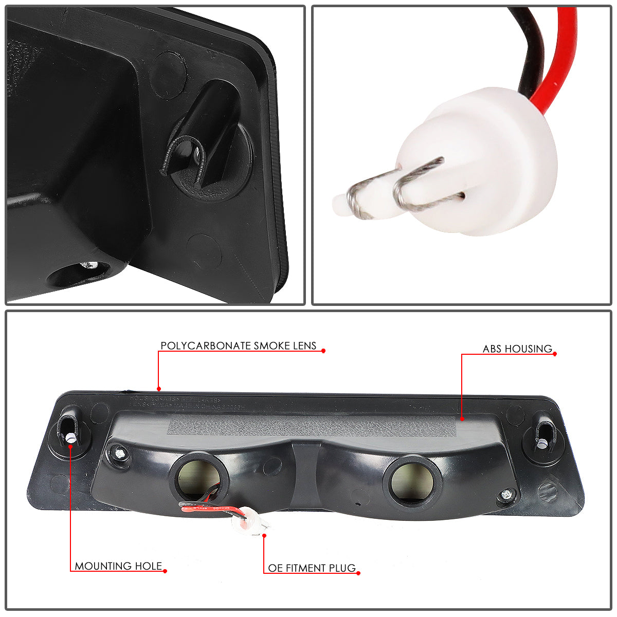 LUZ DE FRENO 87-93 FORD MUSTANG LX - FITS HATCHBACK MODELS WITH OEM SPOILER - PLUGS INTO FACTORY BULB SOCKET - 3D - LED - BLACK / SMOKE