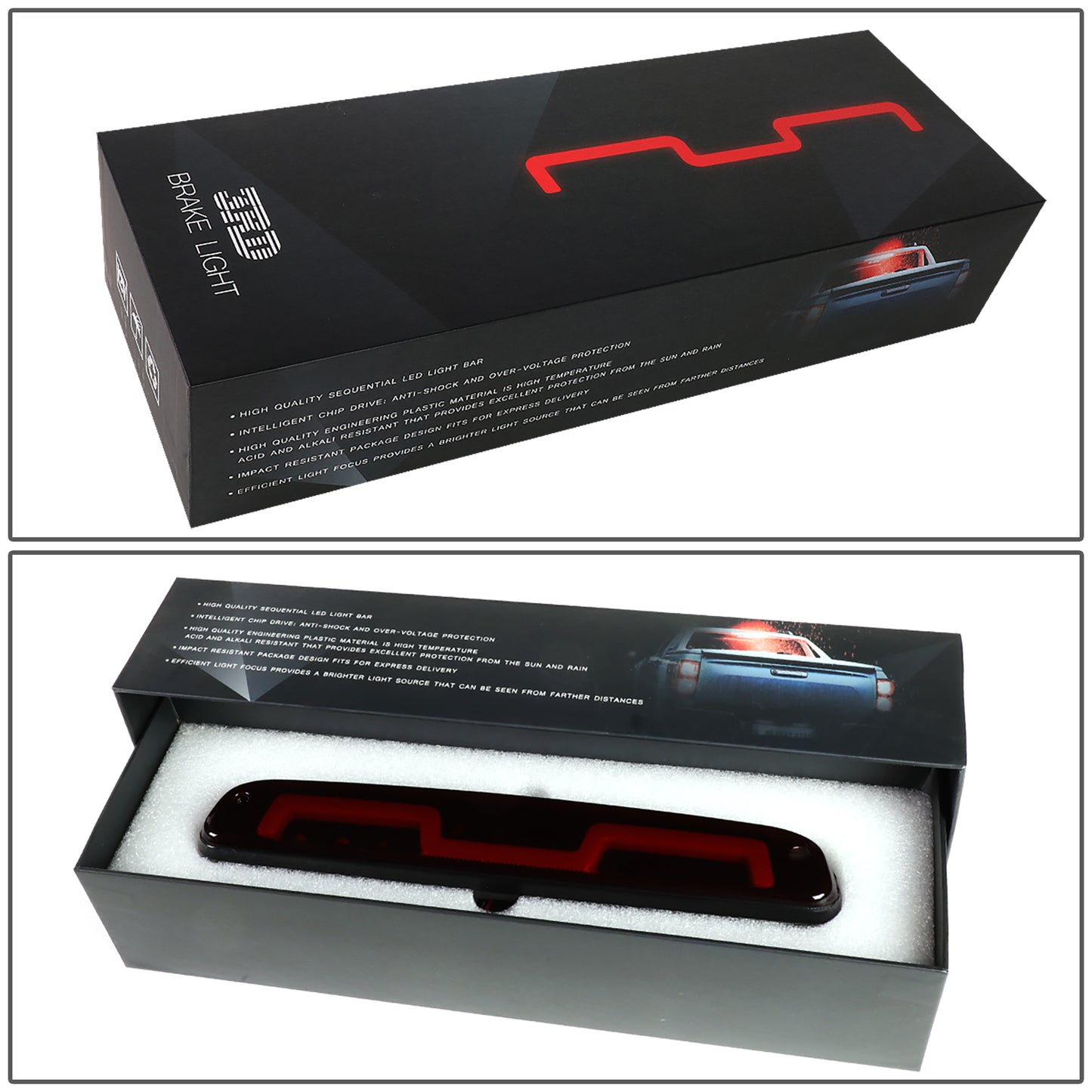 LUZ DE FRENO 3RD BRAKE LIGHT - 93-11 FORD RANGER / 99-16 F-250, F-350 SD, F-450 SD, F-550 SD / 95-03 MAZDA B2300, B2500, B3000, B4000 - FITS MODELS WITH CARGO LIGHTS ONLY - SEQUENTIAL CHASE LED - DARK RED