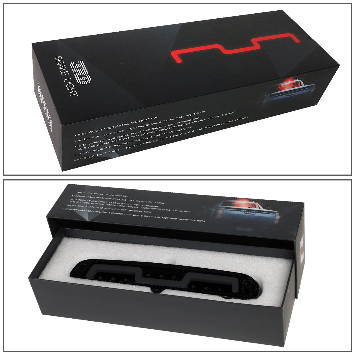 LUZ DE FRENO 3RD BRAKE LIGHT - 93-11 FORD RANGER / 99-16 F-250, F-350 SD, F-450 SD, F-550 SD / 95-03 MAZDA B2300, B2500, B3000, B4000 - FITS MODELS WITH CARGO LIGHTS ONLY - SEQUENTIAL CHASE LED - SMOKE