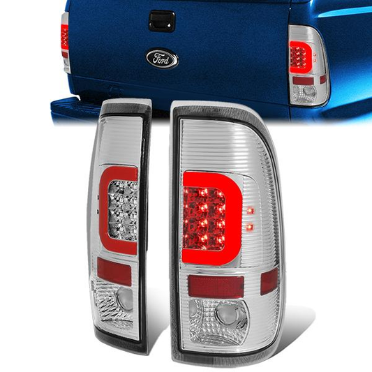 FAROS TRASEROS 97-03 FORD F-150 / 97-99 FORD F-250 / 99-07 FORD F-250, F-350, F-450, F-550 - SUPER DUTY / 04 FORD F-150 HERITAGE - RED C-BAR - 3D - LED - FITS STYLESIDE MODELS ONLY - BLACK / CLEAR