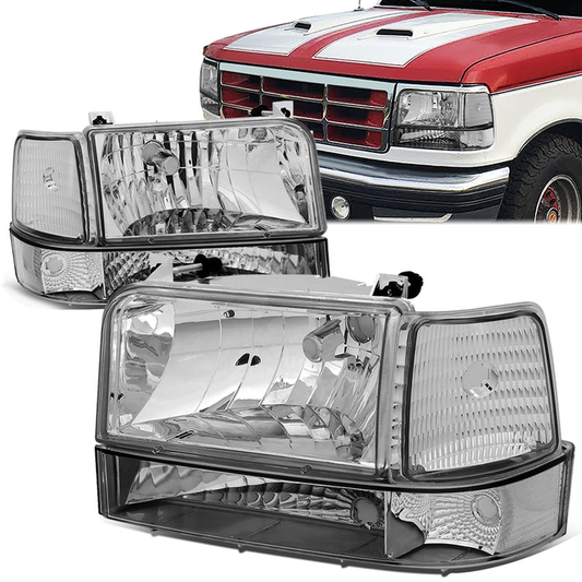 FAROS 92-96 FORD F-150, F-250, F-350, BRONCO 2/4-DR - 6PC - 9007 LOW BEAM / HIGH BEAM - 3157A TURN SIGNAL - CHROME HOUSING / CLEAR CORNER