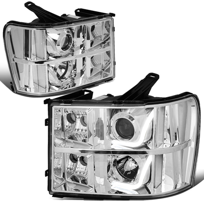 FAROS 07-13 GMC SIERRA 1500, 2500HD, 3500HD 2/4-DOOR - L-BAR HALO PROJECTOR - CHROME HOUSING / CLEAR CORNER - H11 LOW BEAM / 9005 HIGH BEAM