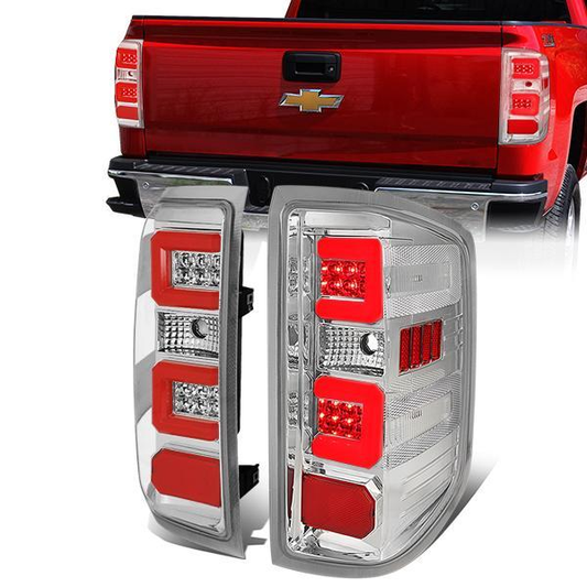 FAROS TRASEROS 14-19 CHEVY SILVERADO 1500 - 15-19 SILVERADO 2500HD 3500HD - 15-19 GMC SIERRA 3500HD DUAL REAR WHEELS - HALOGEN TAIL LIGHT MODELS ONLY - C-BAR - DUAL RED 3D STRIPS - LED - CHROME / CLEAR