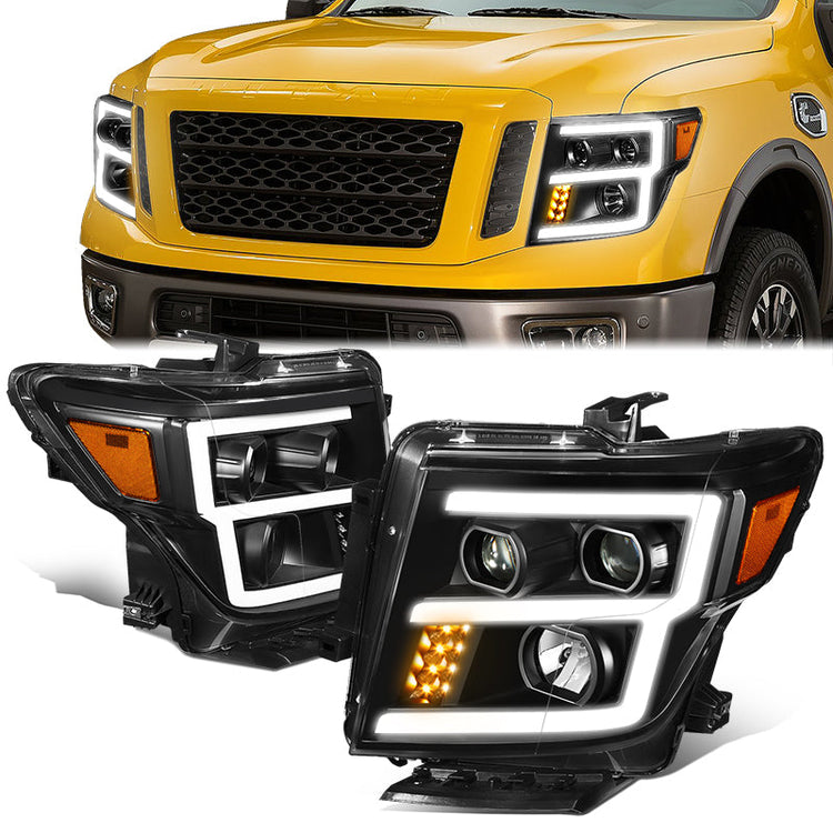 FAROS 17-22 NISSAN TITAN / 16-22 NISSAN TITAN XD - FITS MODELS WITH HALOGEN HEADLIGHTS ONLY - DOES NOT FIT FACTORY HID EQUIPPED MODELS - PROJECTOR CONVERSION E-PATTERN LED RUNNING LIGHT STRIP - H1 LOW BEAM / H1 HIGH BEAM / 2825 SIDE MARKER - BLACK HOUSING