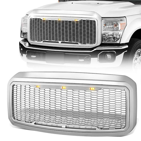 PARRILLA GRILLE - 11-16 FORD F-250, F-350, F-450, F-550 - HONEYCOMB MESH - W/ LED LIGHTS - CHROME