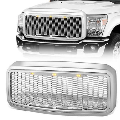 PARRILLA GRILLE - 11-16 FORD F-250, F-350, F-450, F-550 - HONEYCOMB MESH - W/ LED LIGHTS - CHROME
