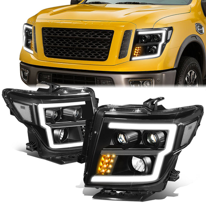 FAROS 17-22 NISSAN TITAN / 16-22 NISSAN TITAN XD - FITS MODELS WITH HALOGEN HEADLIGHTS ONLY - DOES NOT FIT FACTORY HID EQUIPPED MODELS - PROJECTOR CONVERSION LED RUNNING LIGHT STRIP - H1 LOW BEAM / H1 HIGH BEAM / 2825 SIDE MARKER - BLACK HOUSING / CLEAR