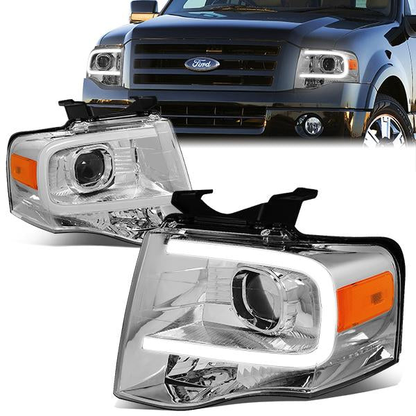 FAROS 07-14 FORD EXPEDITION - 3D - LED DRL - PROJECTOR - CHROME HOUSING / AMBER CORNER - H7 LOW / HIGH BEAM / 3157A SIGNAL 194 MARKER