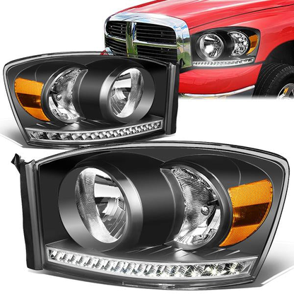 FAROS 06-08 DODGE RAM 1500 / 06-09 DODGE RAM 2500 , 3500 - FITS MODELS WITH HALOGEN HEADLAMPS ONLY - LED DRL - BLACK HOUSING / AMBER CORNER - H13 LOW BEAM / H13 HIGH BEAM