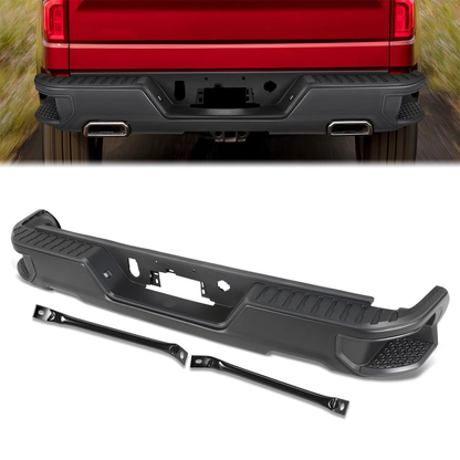 DEFENSA TRASERA 19-23 CHEVY SILVERADO 1500 GMC SIERRA 1500 ALSO FITS CHEVY SILVERADO 1500 LTD 22 AND GMC SIERRA 1500 LIMITED 22 - CORNER STEP MODEL W/O PARKING SENSOR HOLES - W/ EXHAUST CUTOUTS - BLACK/STEEL