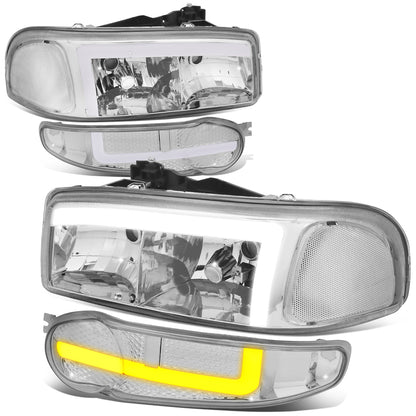 FAROS 01 GMC SIERRA C3 / 02-06 SIERRA 1500 DENALI / 07 SIERRA 1500 DENALI CLASSIC / 01-06 YUKON DENALI, YUKON XL 1500 DENALI - 9006 BULB FOR LOW BEAM - NOTCHING OF BULB BASE MAY BE REQUIRED TO FIT INTO 9005 BULB PLUG - LED DRL - 4PC - CHROME / CLEAR
