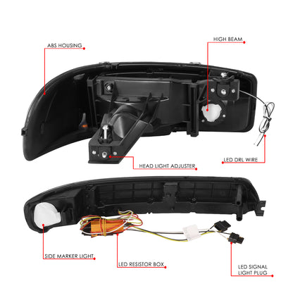 FAROS 99-06 GMC SIERRA 1500, YUKON / 01-06 SIERRA 1500 HD, SIERRA 2500 HD, SIERRA 3500 / 2007 SIERRA 1500, 1500 HD CLASSIC, SIERRA 3500 CLASSIC / 99-04 SIERRA 2500 / 00-06 YUKON XL 1500, YUKON XL 2500 - DOES NOT FIT DENALI, C3 TRIMS - SWITCHBACK LED DRL -