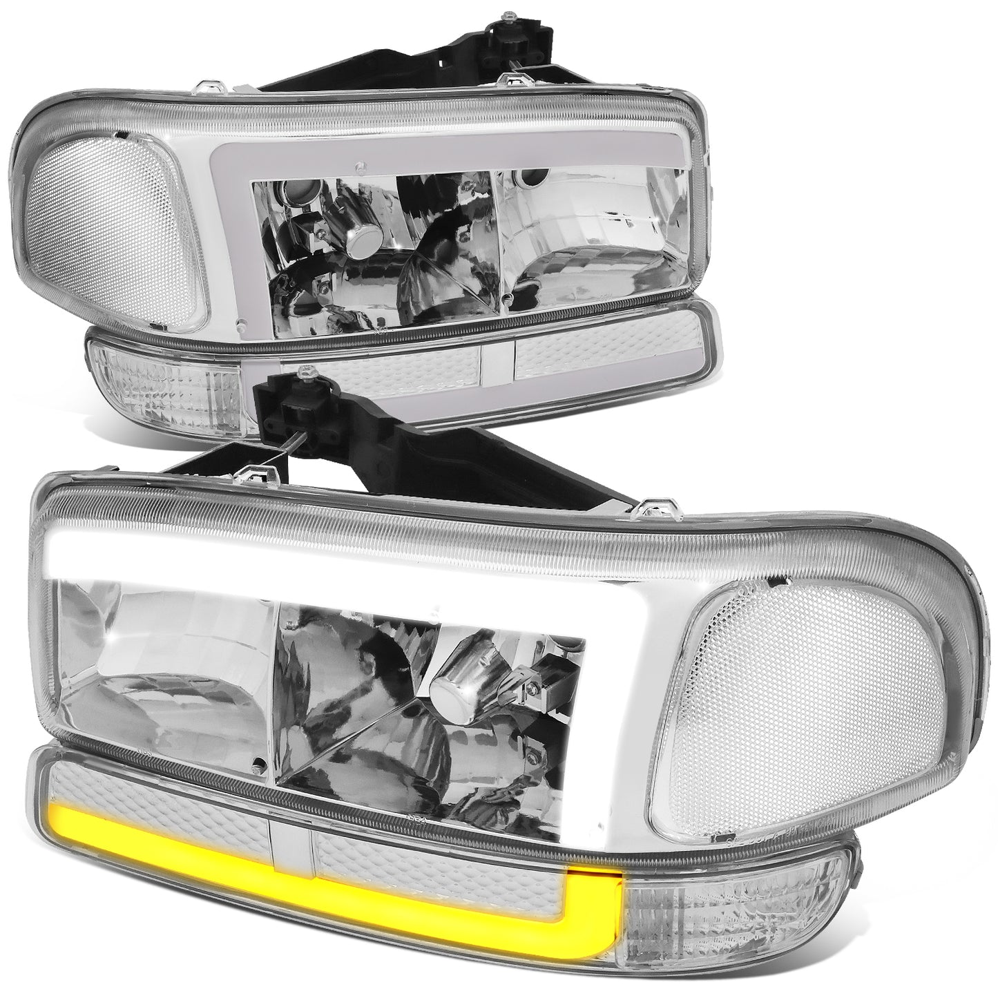 FAROS 99-06 GMC SIERRA 1500, YUKON / 01-06 SIERRA 1500 HD, SIERRA 2500 HD, SIERRA 3500 / 2007 SIERRA 1500, 1500 HD CLASSIC, SIERRA 3500 CLASSIC / 99-04 SIERRA 2500 / 00-06 YUKON XL 1500, YUKON XL 2500 - DOES NOT FIT DENALI, C3 TRIMS - SWITCHBACK LED DRL -