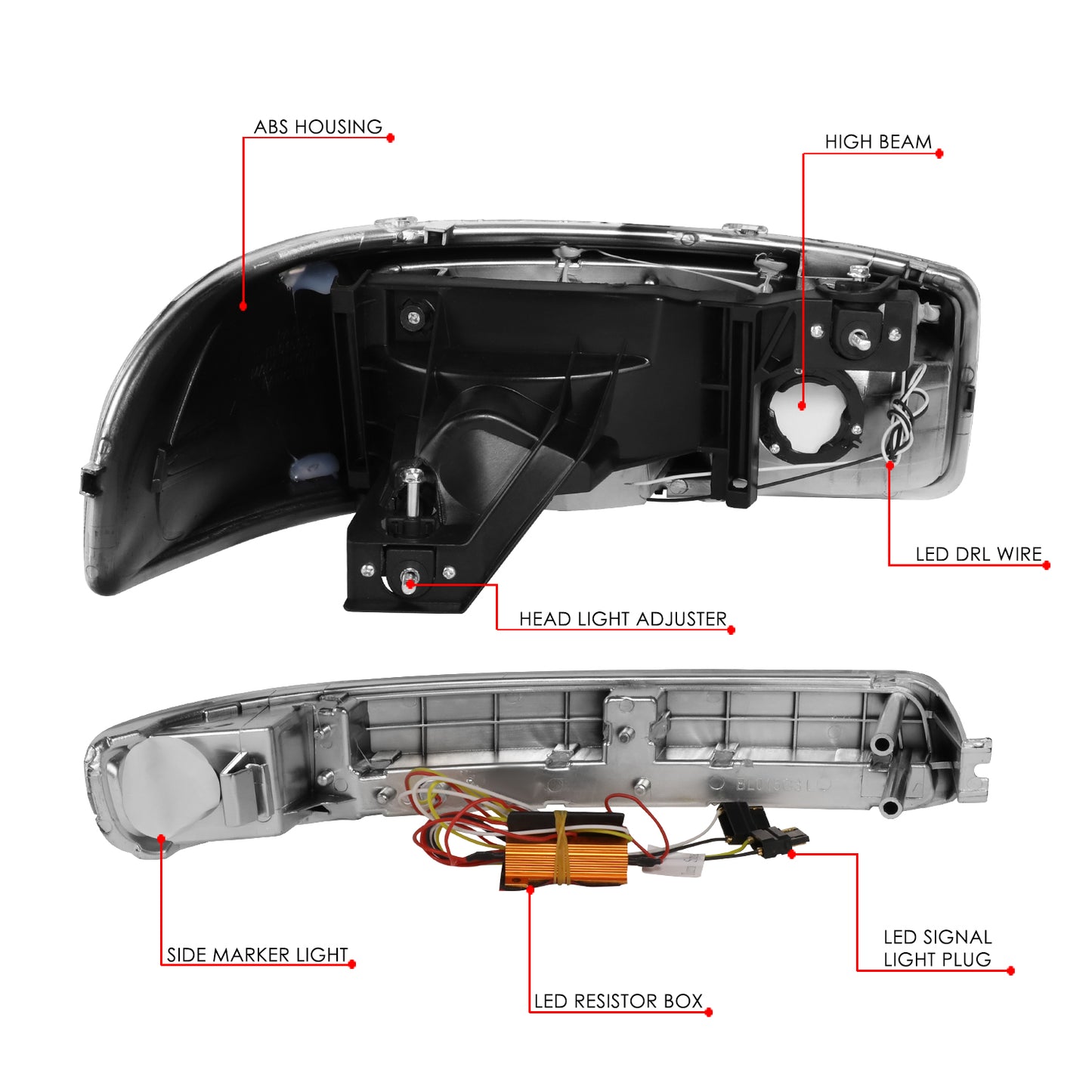 FAROS 99-06 GMC SIERRA 1500, YUKON / 01-06 SIERRA 1500 HD, SIERRA 2500 HD, SIERRA 3500 / 2007 SIERRA 1500, 1500 HD CLASSIC, SIERRA 3500 CLASSIC / 99-04 SIERRA 2500 / 00-06 YUKON XL 1500, YUKON XL 2500 - DOES NOT FIT DENALI, C3 TRIMS - SWITCHBACK LED DRL -