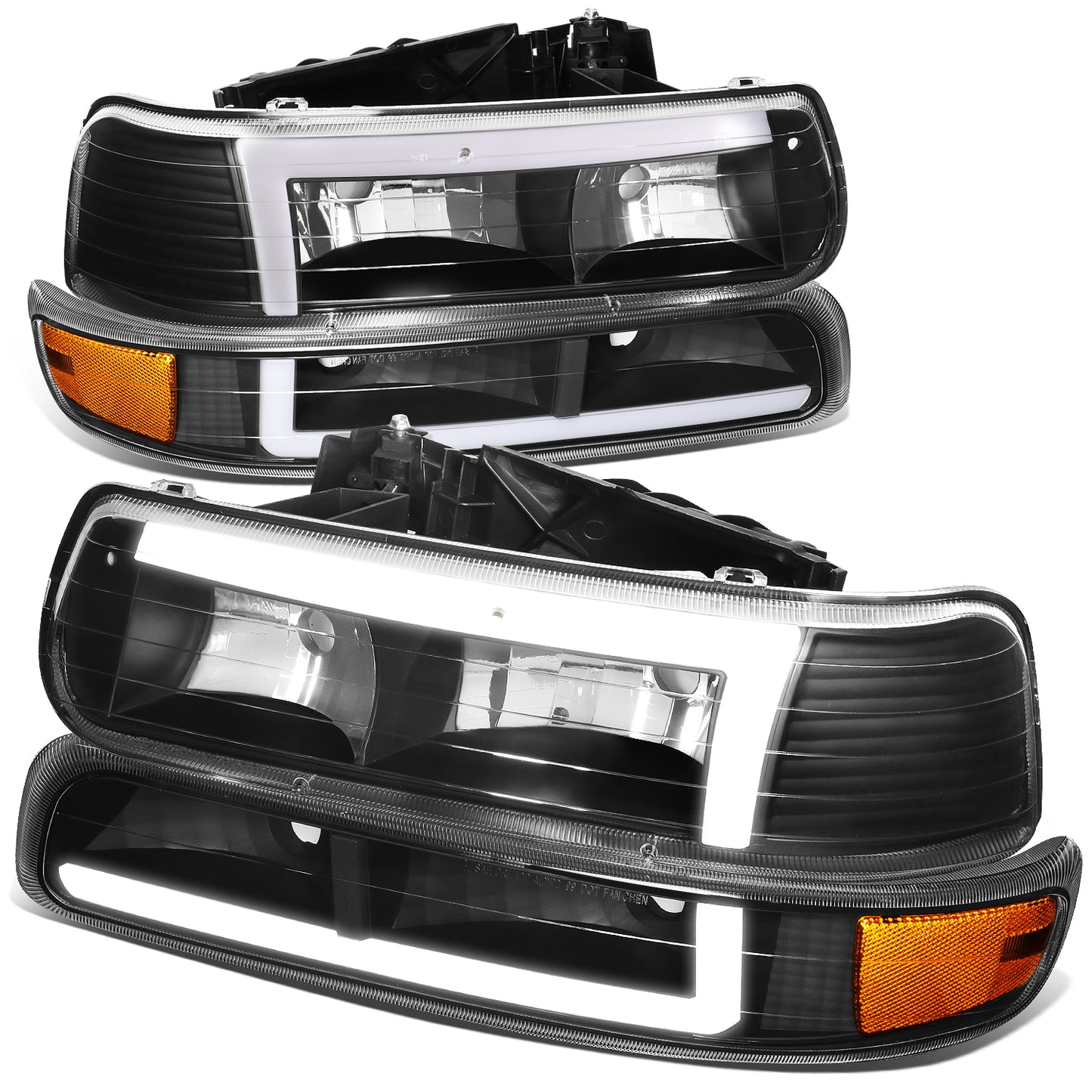 FAROS 99-02 CHEVY SILVERADO 1500, 2500 / 01-02 SILVERADO 1500 HD, 2500 HD, 3500 / 00-06 SUBURBAN 1500, 2500, TAHOE - REQUIRES WIRING TO EXISTING VEHICLES WIRING HARNESS - LED DRL - 4PC - BLACK / AMBER