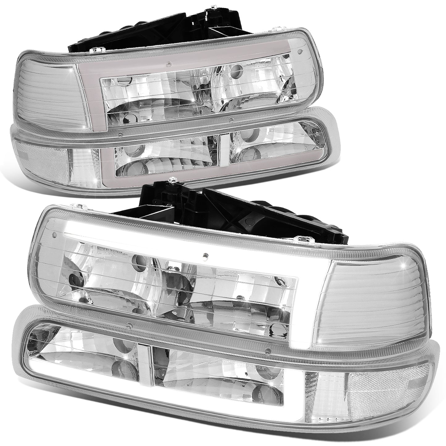FAROS 99-02 CHEVY SILVERADO 1500, 2500 / 01-02 SILVERADO 1500 HD, 2500 HD, 3500 / 00-06 SUBURBAN 1500, 2500, TAHOE - REQUIRES WIRING TO EXISTING VEHICLES WIRING HARNESS - LED DRL - 4PC - CHROME / CLEAR