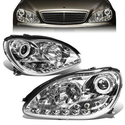 FAROS 00-06 MERCEDES BENZ S430 , S500 , S600 / 01-06 MERCEDES BENZ S55 AMG / 05-06 MERCEDES BENZ S65 AMG / 06 MERCEDES BENZ S350 4-DOOR - FITS MODELS WITH FACTORY HALOGEN HEADLIGHTS ONLY - DOES NOT FIT MODELS WITH FACTORY HIDS - LED DRL - HALO PROJ