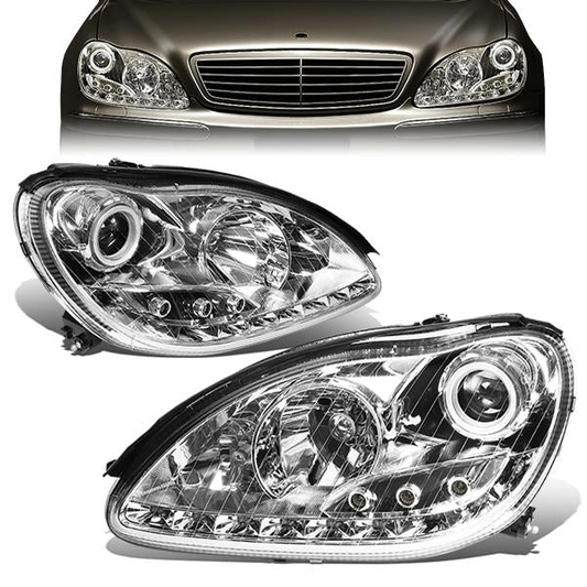 FAROS 00-06 MERCEDES BENZ S430 , S500 , S600 / 01-06 MERCEDES BENZ S55 AMG / 05-06 MERCEDES BENZ S65 AMG / 06 MERCEDES BENZ S350 4-DOOR - FITS MODELS WITH FACTORY HALOGEN HEADLIGHTS ONLY - DOES NOT FIT MODELS WITH FACTORY HIDS - LED DRL - HALO PROJ
