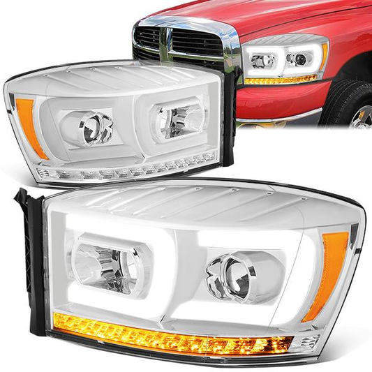 FAROS 06-08 DODGE RAM 1500 / 06-09 DODGE RAM 2500, 3500 - FITS MODELS WITH HALOGEN HEADLAMPS ONLY - DUAL LED DRL - PROJECTOR - CHROME HOUSING / AMBER CORNER - H1 LOW BEAM / H1 HIGH BEAM / INTEGRATED LED SIGNAL & MARKER