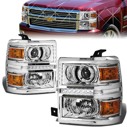 FAROS 14-15 CHEVY SILVERADO 2500 / 3500 / 14-16 SILVERADO 1500 / 2015 SILVERADO 3500 2/4-DOOR - LED - PROJECTOR - CHROME HOUSING / AMBER CORNER - H11 LOW BEAM / 9005 HIGH BEAM