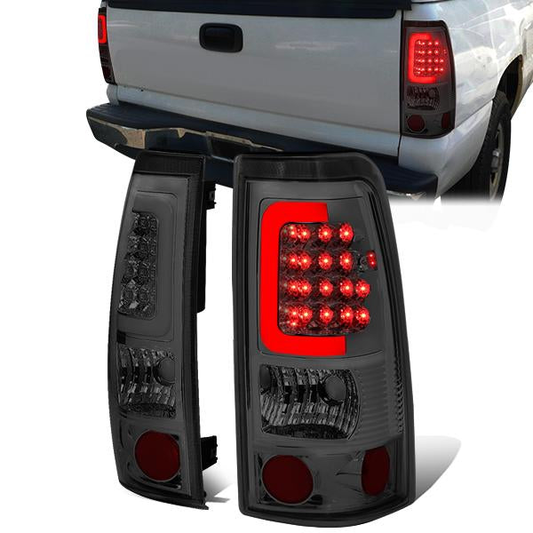 FAROS TRASEROS 99-02 CHEVY SILVERADO 1500 , 2500 , 3500 , HD MODELS / 99-03 GMC SIERRA 1500 , 2500 , HD MODELS - C-BAR - 3D - U-HALO LED - CHROME / SMOKE