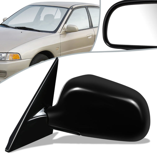 RETROVISOR MIRROR - OEM - 97-02 MITSUBISHI LANCER, MIRAGE - MANUAL - W/ CABLE - FOLDING - BLACK MATERIAL - LEFT