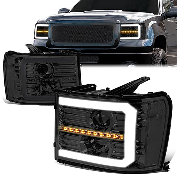 FAROS 07-13 GMC SIERRA 1500 / 07-14 GMC SIERRA 2500, 3500 - DOES NOT FIT 2007 CLASSIC STYLES - C-BAR LED DRL - SEQUENTIAL LED - SMOKE HOUSING / CLEAR CORNER
