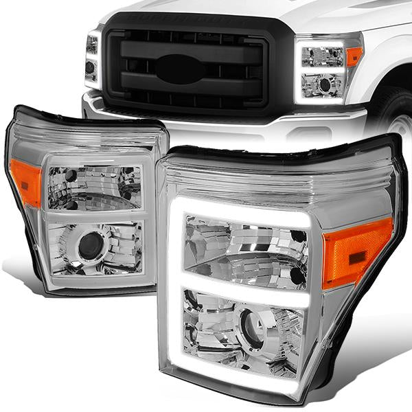 FAROS 11-16 FORD F-250, F-350, F-450, F-550 - SUPER DUTY 2/4-DOOR - LED E-BAR - HALO PROJECTOR - CHROME HOUSING / AMBER CORNER - H7 LOW BEAM / H7 HIGH BEAM / 3157A SIGNAL 2825 MARKER