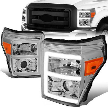 FAROS 11-16 FORD F-250, F-350, F-450, F-550 - SUPER DUTY 2/4-DOOR - LED E-BAR - HALO PROJECTOR - CHROME HOUSING / AMBER CORNER - H7 LOW BEAM / H7 HIGH BEAM / 3157A SIGNAL 2825 MARKER