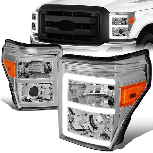 FAROS 11-16 FORD F-250, F-350, F-450, F-550 - SUPER DUTY 2/4-DOOR - LED E-BAR - HALO PROJECTOR - CHROME HOUSING / AMBER CORNER - H7 LOW BEAM / H7 HIGH BEAM / 3157A SIGNAL 2825 MARKER